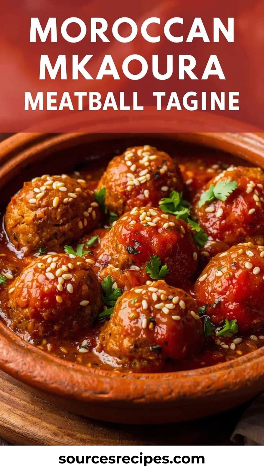 A traditional Moroccan tagine dish with meatballs (kefta) in a rich tomato sauce with poached eggs on top